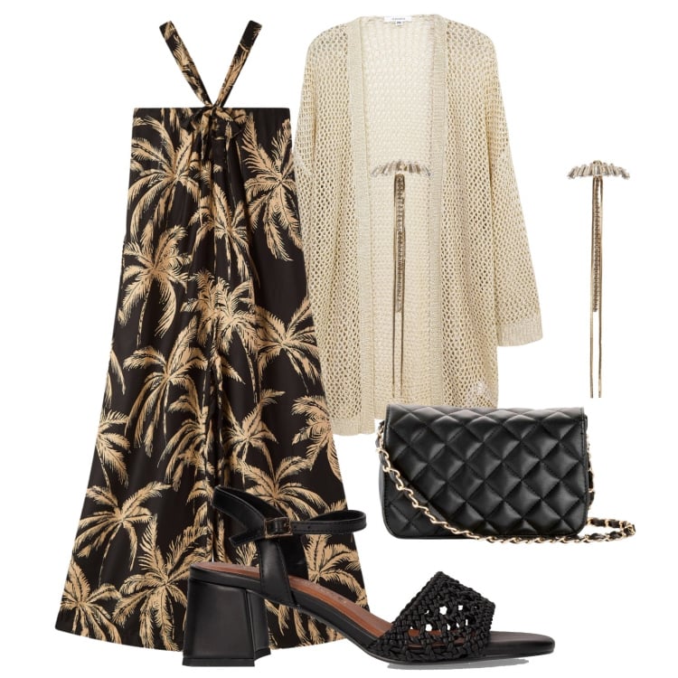 Outfit donna - Total look #2203570. Stile Glamour per Mare. Abbinamento con borse a tracolla, tute, kimono, orecchini, sandali col tacco.
