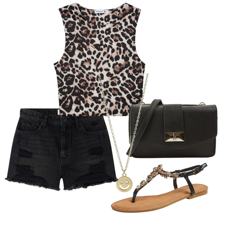 Outfit donna - Serata al bar. Stile Minimal per Mare. Abbinamento con top, shorts, borse a tracolla, sandali gioiello, collane.