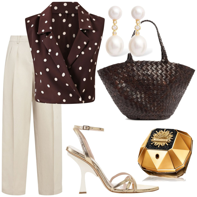 Outfit donna - Ufficio. Stile Casual chic per Ufficio. Abbinamento con profumi, top, sandali col tacco, shopping bag, orecchini, pantaloni.