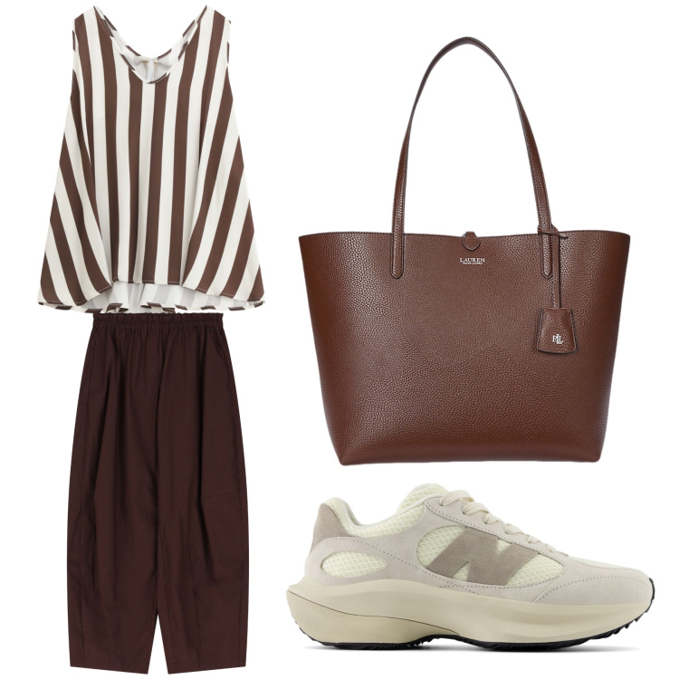 Outfit donna - Aperitivo. Stile Trendy per Tutti i giorni. Abbinamento con sneakers, top, pantaloni, borse tote.