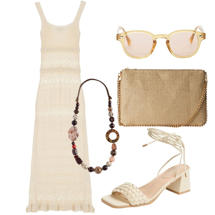 Outfit donna - Pranzo country. Stile Bon Ton per Tutti i giorni. Abbinamento con borse a tracolla, sandali alla schiava, vestiti midi/longuette, occhiali da sole, collane.
