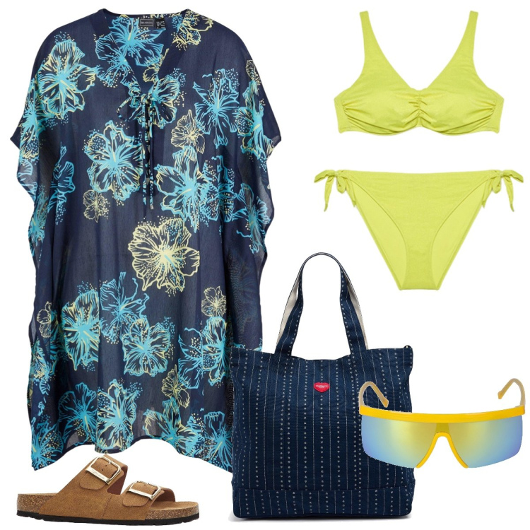 Outfit donna - In spiaggia. Stile Casual per Tutti i giorni. Abbinamento con vestiti da spiaggia, ciabatte, bikini, occhiali da sole, borse tote.