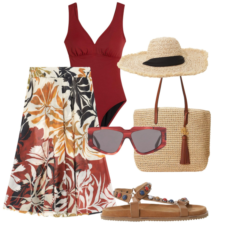 Outfit donna - Il costume intero - @marystyle. Stile Boho per Mare. Abbinamento con costumi interi, gonne longuette, cappelli, borse tote, sandali, occhiali da sole.