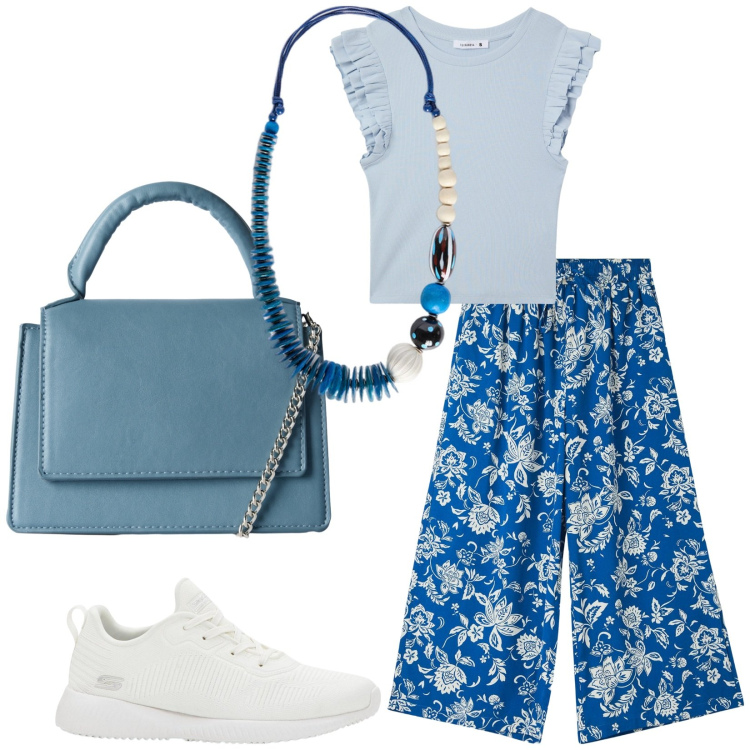 Outfit donna - Total look #2203585. Stile Basic per Tutti i giorni. Abbinamento con sneakers, pantaloni a palazzo, t-shirt, borse a tracolla, collane.