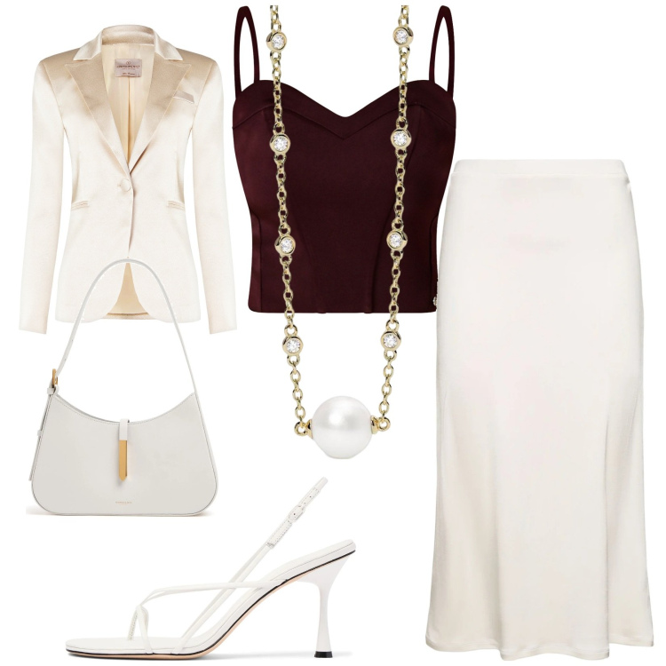 Outfit donna - Total look #2203589. Stile Bon Ton per Cerimonia. Abbinamento con collane, top, blazer, sandali in pelle, borse a spalla, gonne longuette.