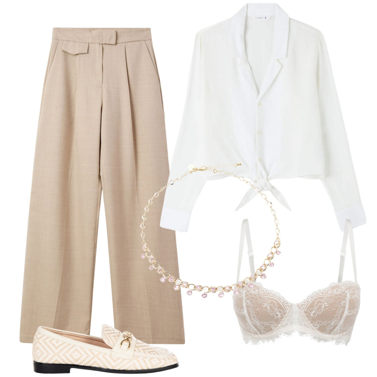 Outfit donna - Total look #2203591. Stile Casual per Ufficio. Abbinamento con reggiseni a balconcino, pantaloni, camicie, mocassini, collane.