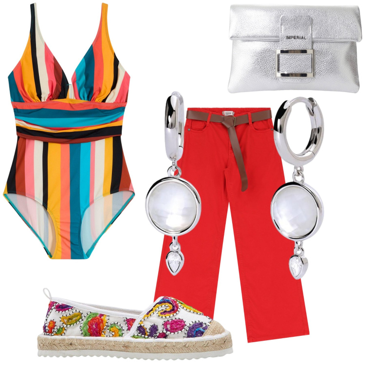 Outfit donna - Un colorato aperitivo sul mare. Stile Trendy per Mare. Abbinamento con espadrillas, costumi interi, orecchini, pantaloni, pochette.
