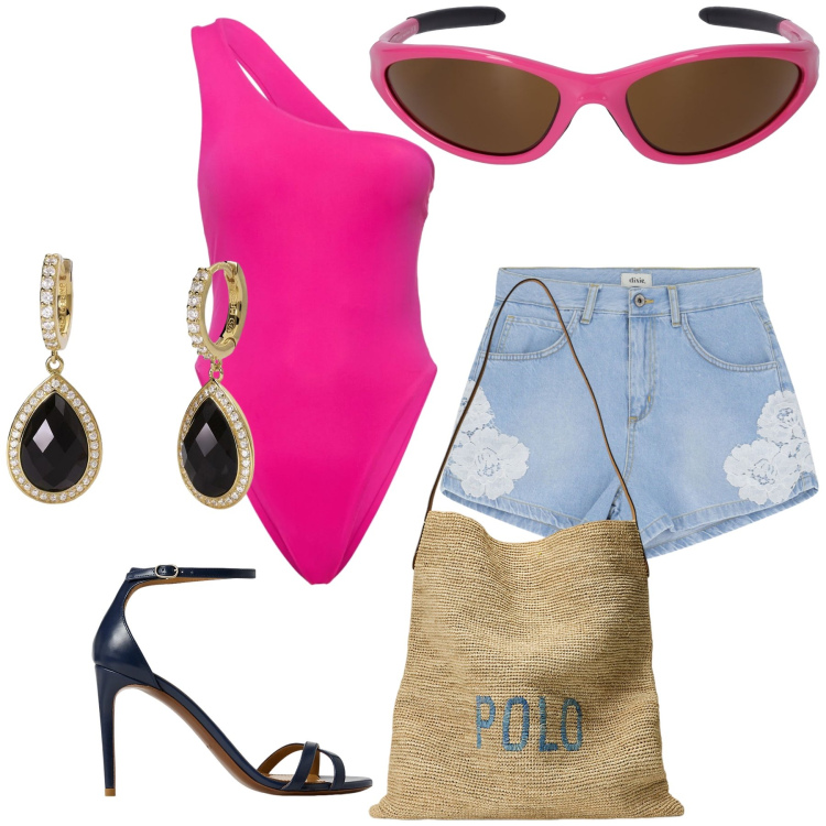 Outfit donna - Diva girlish al mare. Stile Glamour per Mare. Abbinamento con shorts, orecchini, sandali col tacco, borse tote, occhiali da sole, costumi interi.