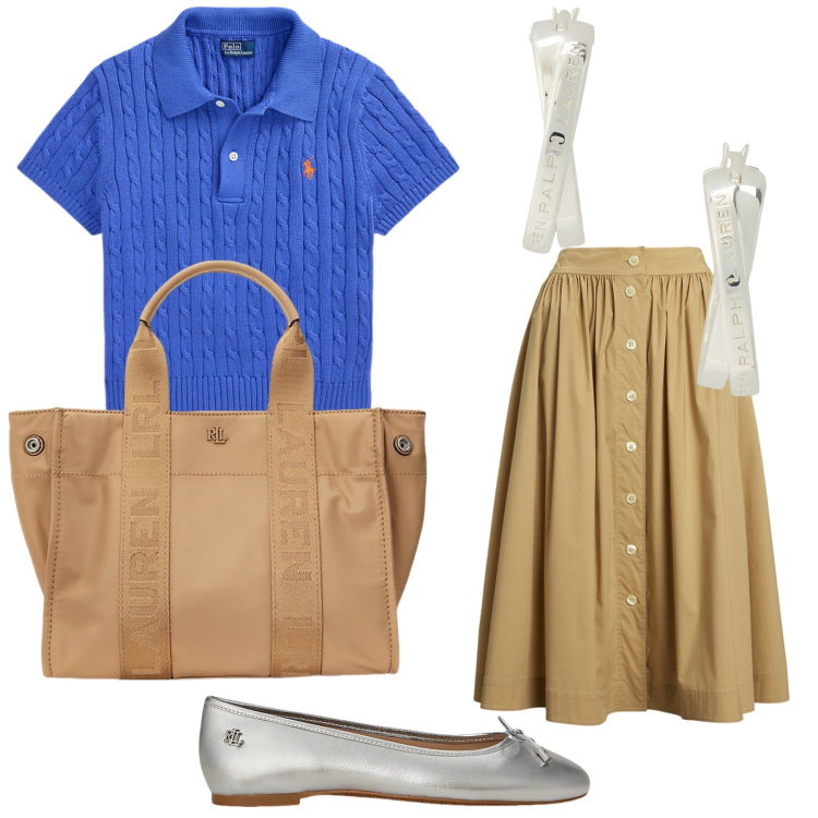 Outfit donna - Giornata di impegni bon ton. Stile Bon Ton per Tutti i giorni. Abbinamento con ballerine, borse tote, polo, gonne longuette, orecchini.