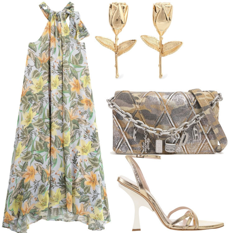 Outfit donna - Serata fiorita. Stile Romantica per Serata fuori. Abbinamento con sandali col tacco, vestiti lunghi, pochette, orecchini.