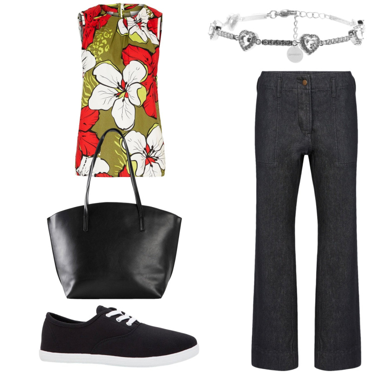 Outfit donna - Total look #2203609. Stile Basic per Tutti i giorni. Abbinamento con top, sneakers, shopping bag, braccialetti, pantaloni.