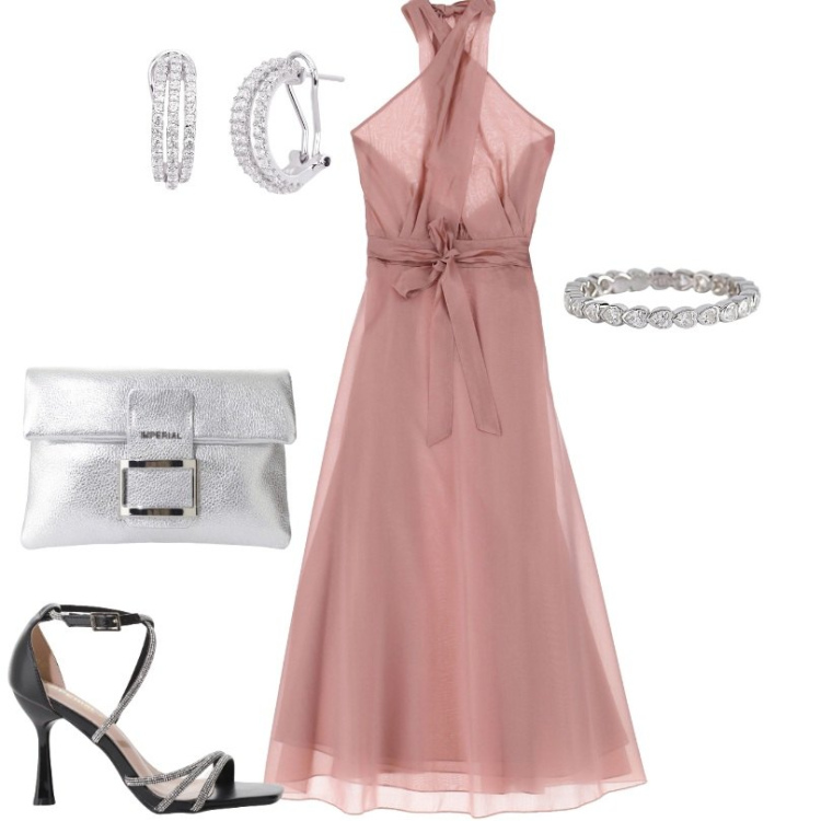 Outfit donna - Total look #2203613. Stile Chic per Cerimonia. Abbinamento con orecchini, anelli, sandali col tacco, pochette, vestiti lunghi.