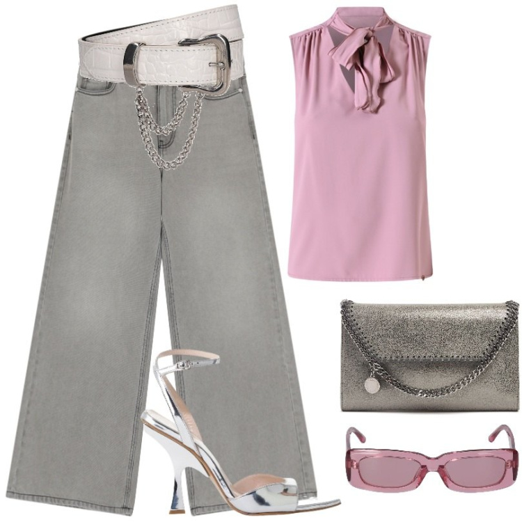 Outfit donna - Serata in città. Stile Casual per Serata fuori. Abbinamento con top, jeans, décolleté, occhiali da sole, portafogli, pochette.