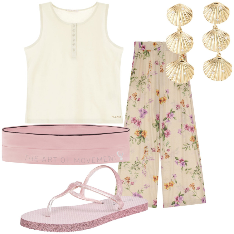 Outfit donna - Una semplice sera al mare. Stile Bon Ton per Serata fuori. Abbinamento con sandali, orecchini, pantaloni, canottiere, marsupi.