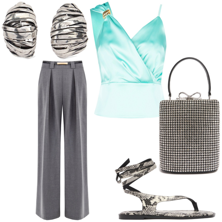 Outfit donna - Cena con amici in vacanza. Stile Glamour per Serata fuori. Abbinamento con pantaloni a palazzo, top, orecchini, borse a mano, sandali col tacco.