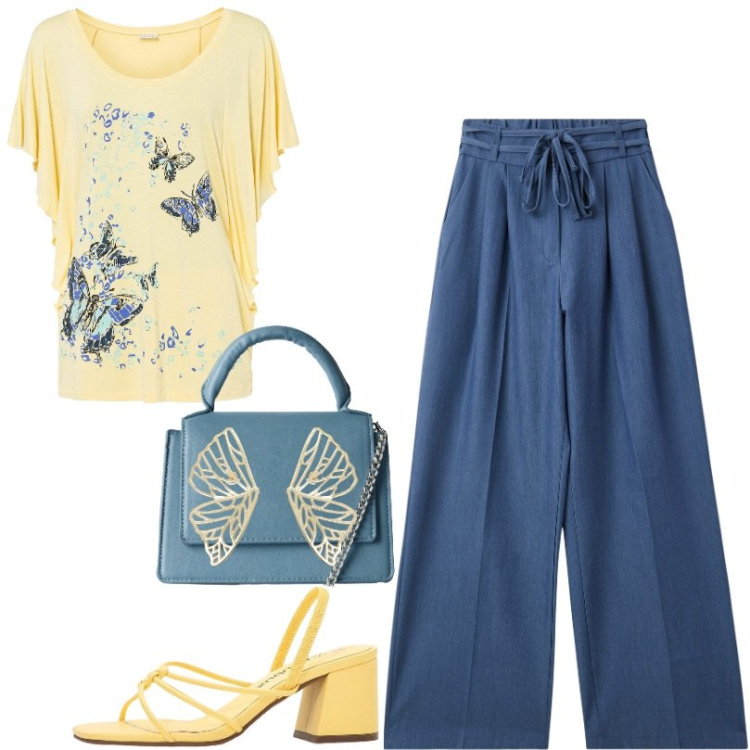 Outfit donna - Orecchini farfalle dorate. Stile Casual per Ufficio. Abbinamento con maglieria, sandali col tacco, jeans, borse a tracolla, orecchini.