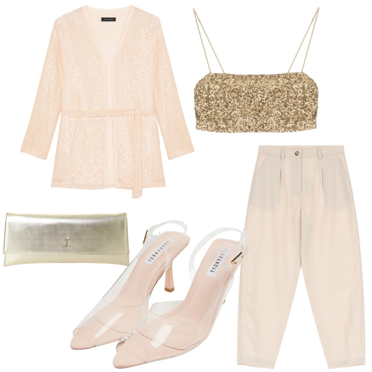 Outfit donna - Total look #2203625. Stile Casual chic per Serata fuori. Abbinamento con sandali col tacco, top, pochette, pantaloni, blazer.