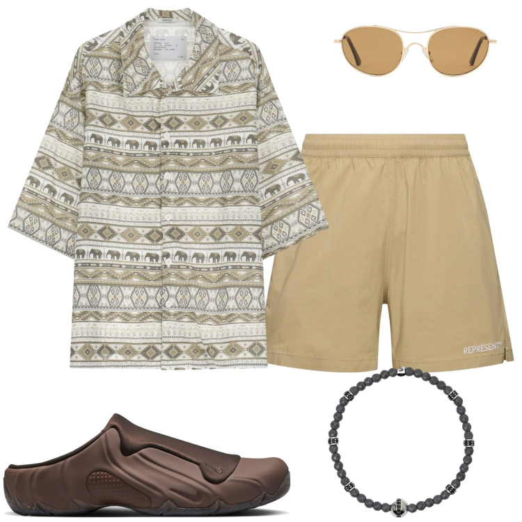 Outfit uomo - Sandali con carattere. Stile Casual per Mare. Abbinamento con braccialetti, camicie a manica corta, occhiali da sole, shorts, sandali.