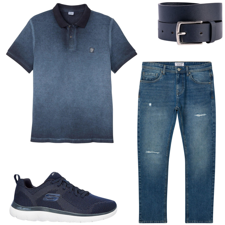 Outfit uomo - Maxi polo estiva. Stile Casual per Tutti i giorni. Abbinamento con polo, sneakers, jeans strappati, cinture.