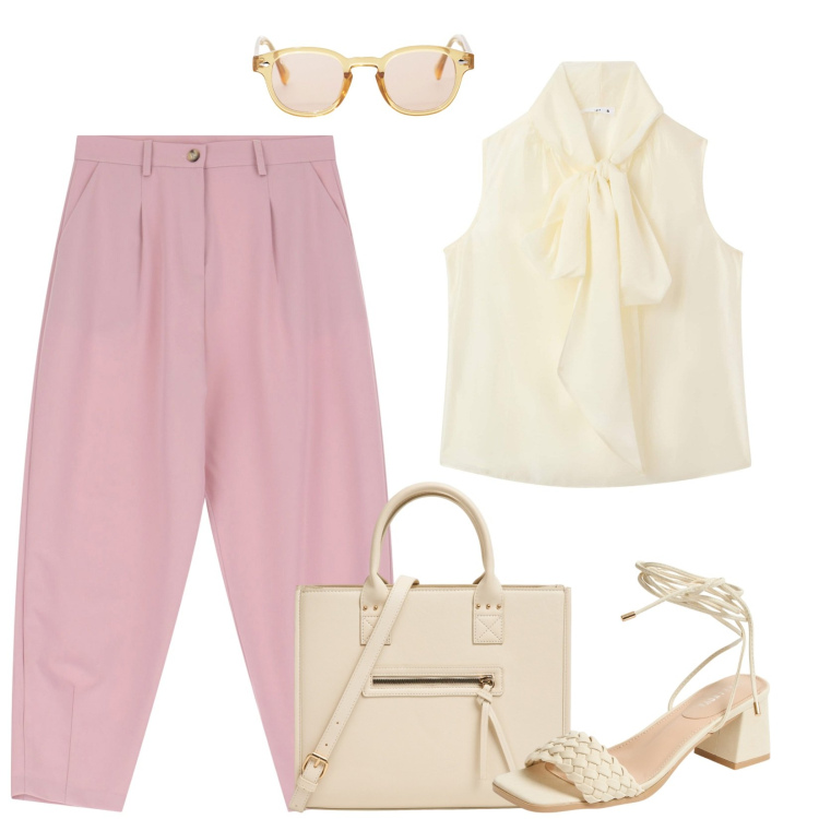 Outfit donna - In ufficio leggera. Stile Casual per Ufficio. Abbinamento con bluse, sandali alla schiava, shopping bag, occhiali da sole, pantaloni.