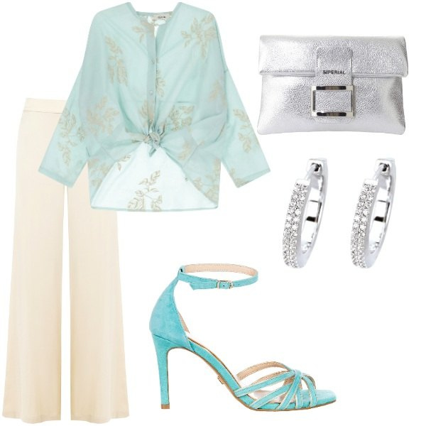 Outfit donna - Matrimonio in vista. Stile Glamour per Cerimonia. Abbinamento con pochette, camicie, orecchini, pantaloni a palazzo, sandali col tacco.