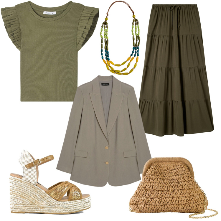 Outfit donna - Verde oliva con dettagli boho. Stile Boho per Tutti i giorni. Abbinamento con borse a tracolla, gonne lunghe, t-shirt, zeppe, blazer, collane.