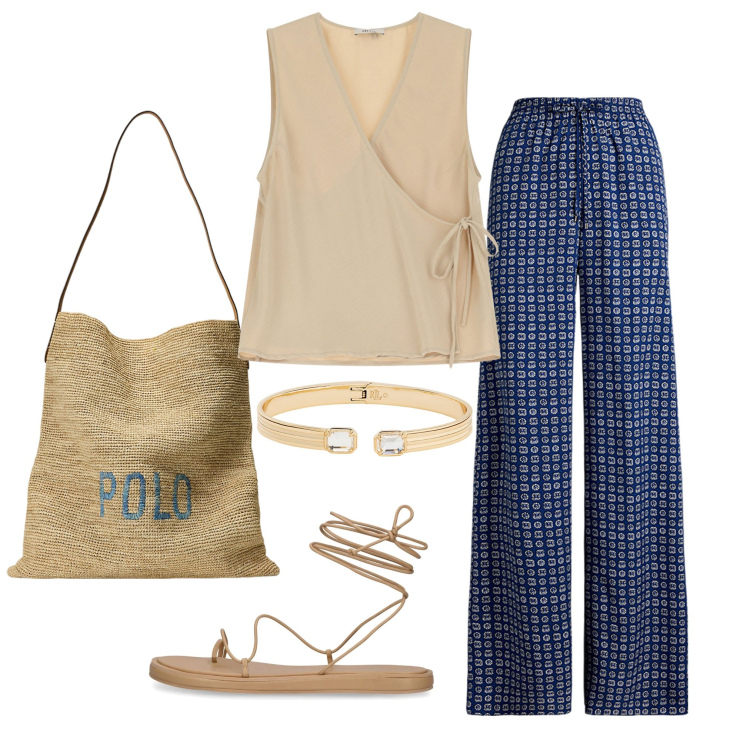 Outfit donna - Blu & sabbia. Stile Casual chic per Tutti i giorni. Abbinamento con top, braccialetti, pantaloni, borse tote, sandali in pelle.