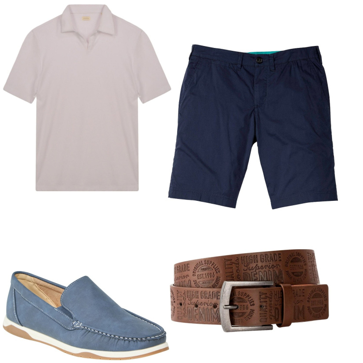 Outfit uomo - Polo in spugna. Stile Casual per Tutti i giorni. Abbinamento con bermuda, cinture, scarpe stringate, polo.