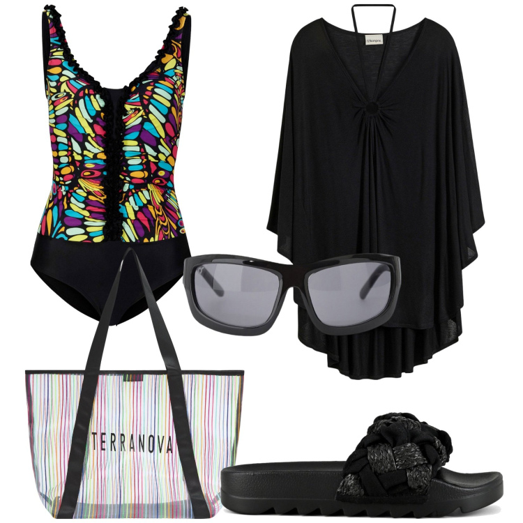Outfit donna - Il costume intero. Stile Basic per Mare. Abbinamento con costumi interi, vestiti da spiaggia, shopping bag, occhiali da sole, ciabatte.