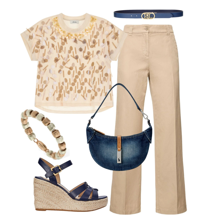 Outfit donna - Blu & sabbia 2. Stile Casual chic per Tutti i giorni. Abbinamento con t-shirt, cinture, borse a spalla, espadrillas, pantaloni, anelli.