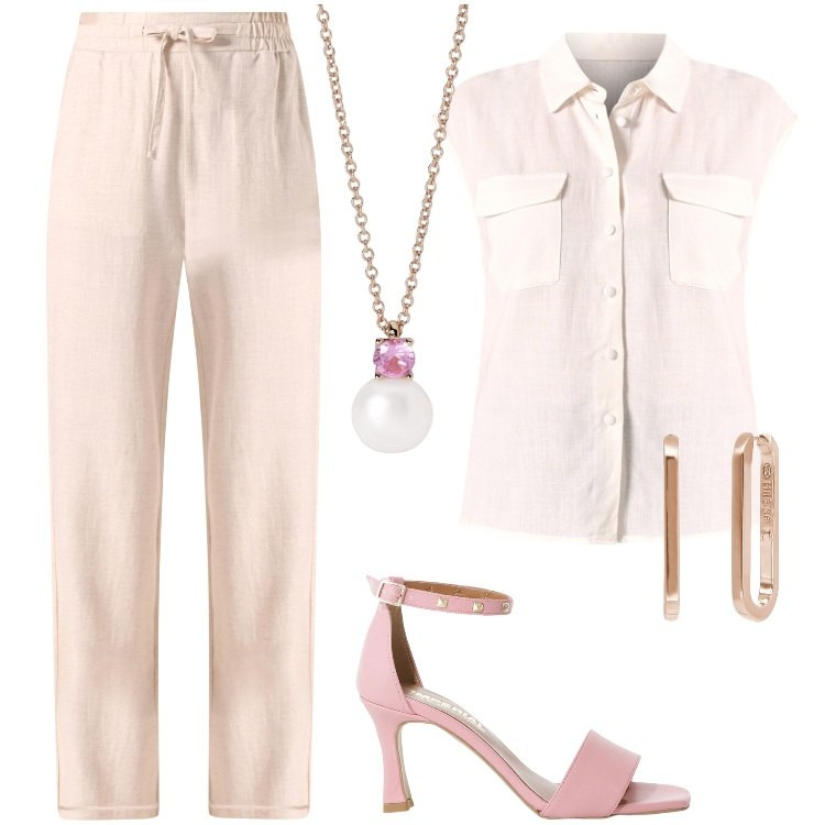 Outfit donna - Total look #2203676. Stile Urban per Cerimonia. Abbinamento con orecchini, collane, camicie, pantaloni a palazzo, sandali col tacco.