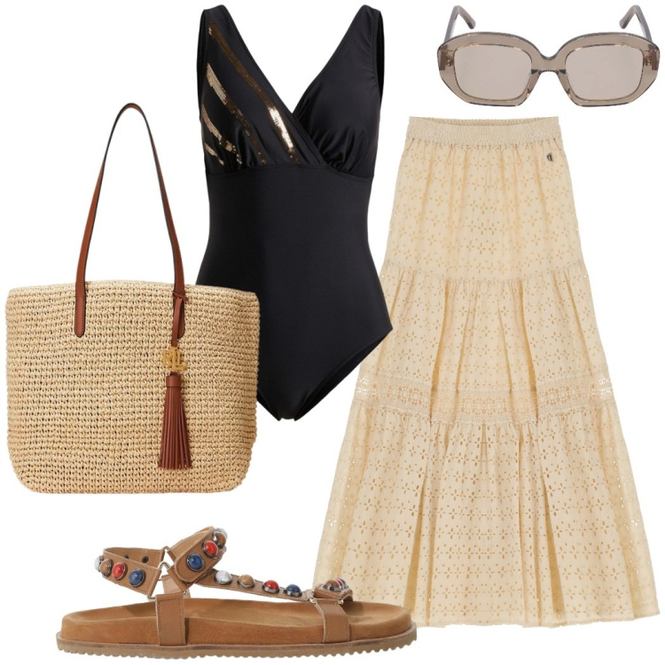 Outfit donna - Aperitivo fronte mare. Stile Casual chic per Mare. Abbinamento con costumi interi, gonne lunghe, sandali, borse tote, occhiali da sole.