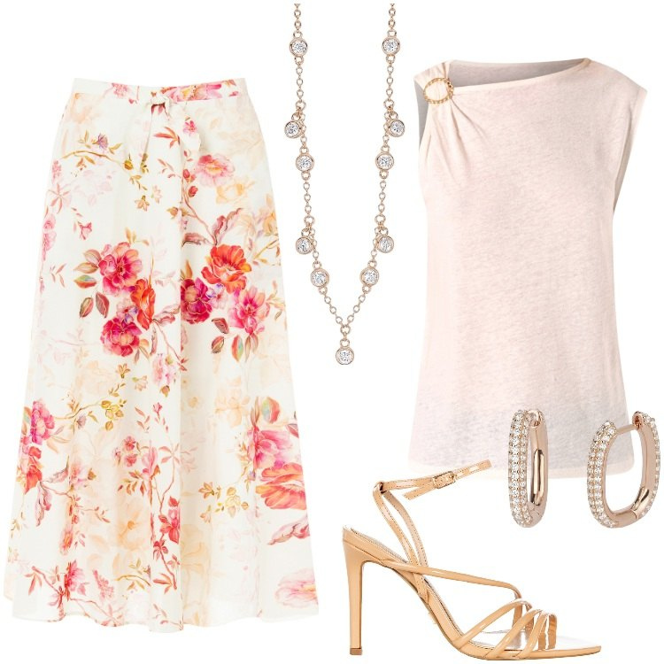 Outfit donna - Total look #2203679. Stile Boho per Ufficio. Abbinamento con orecchini, collane, t-shirt, gonne longuette, sandali col tacco.