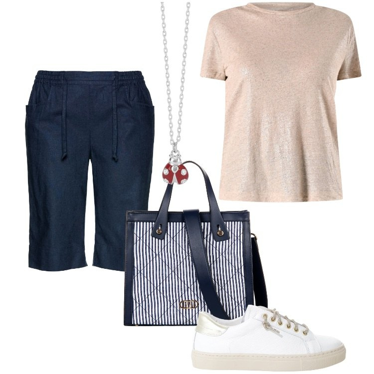 Outfit donna - Total look #2203685. Stile Basic per Tutti i giorni. Abbinamento con bermuda, collane, t-shirt, shopping bag, sneakers.