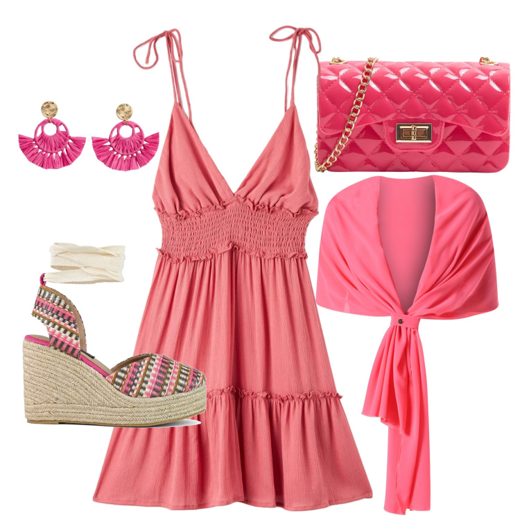 Outfit donna - Outfit monocromatico. Stile Trendy per Tutti i giorni. Abbinamento con orecchini, vestiti corti, borse a tracolla, scialli, zeppe.