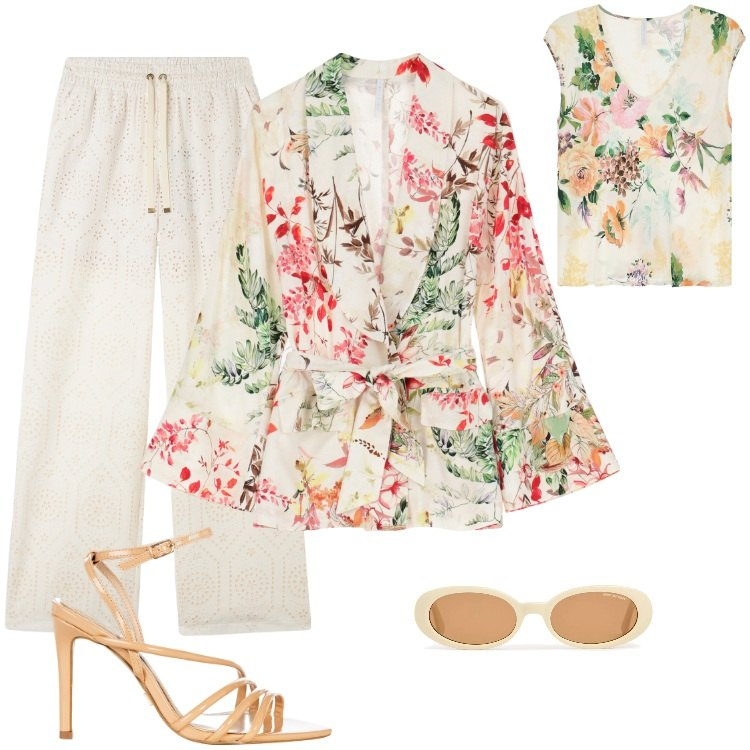 Outfit donna - Total look #2203692. Stile Boho per Cerimonia. Abbinamento con sandali col tacco, blazer, top, pantaloni, occhiali da sole.