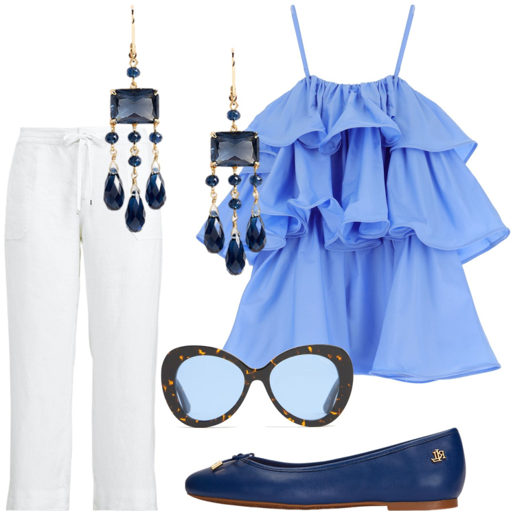 Outfit donna - Blu. Stile Glamour per Tutti i giorni. Abbinamento con vestiti corti, ballerine, pantaloni, orecchini, occhiali da sole.