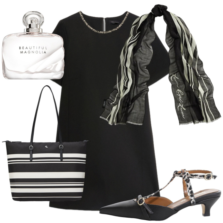 Outfit donna - Black. Stile Minimal per Tutti i giorni. Abbinamento con profumi, décolleté, foulard, borse tote, vestiti corti.