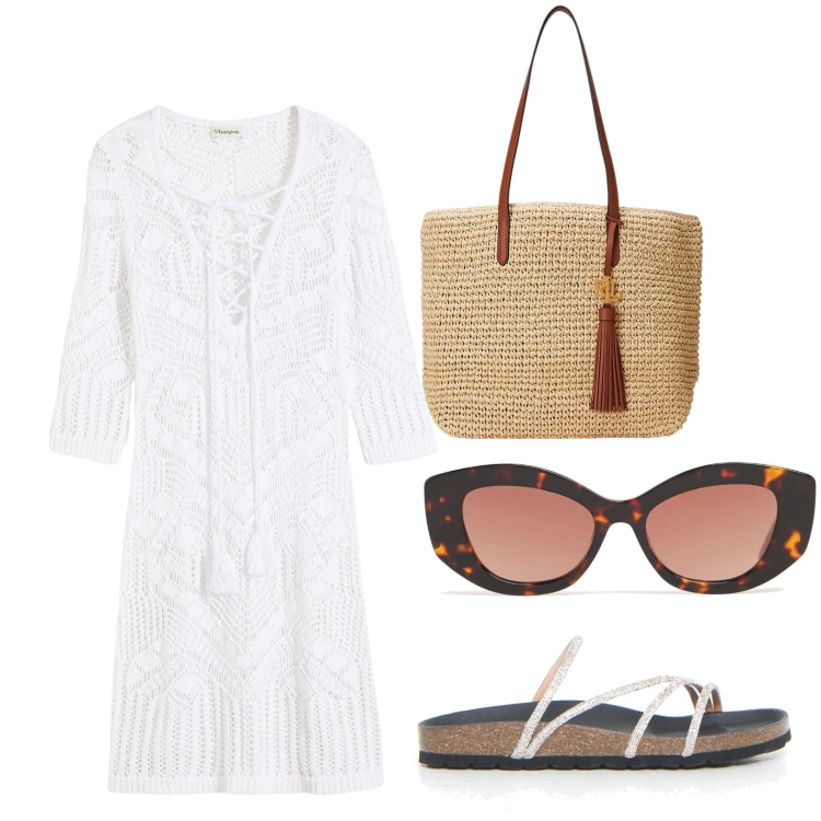 Outfit donna - Una giornata al mare. Stile Boho per Mare. Abbinamento con vestiti da spiaggia, borse tote, ciabatte, occhiali da sole.