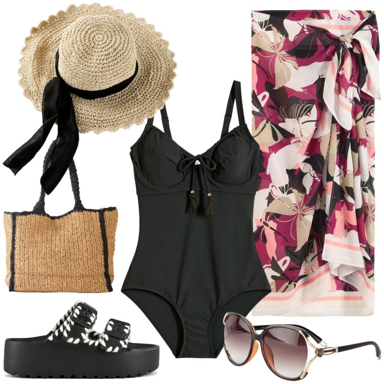 Outfit donna - Aperitivo vista mare. Stile Casual chic per Mare. Abbinamento con cappelli, occhiali da sole, shopping bag, vestiti da spiaggia, costumi interi, ciabatte.