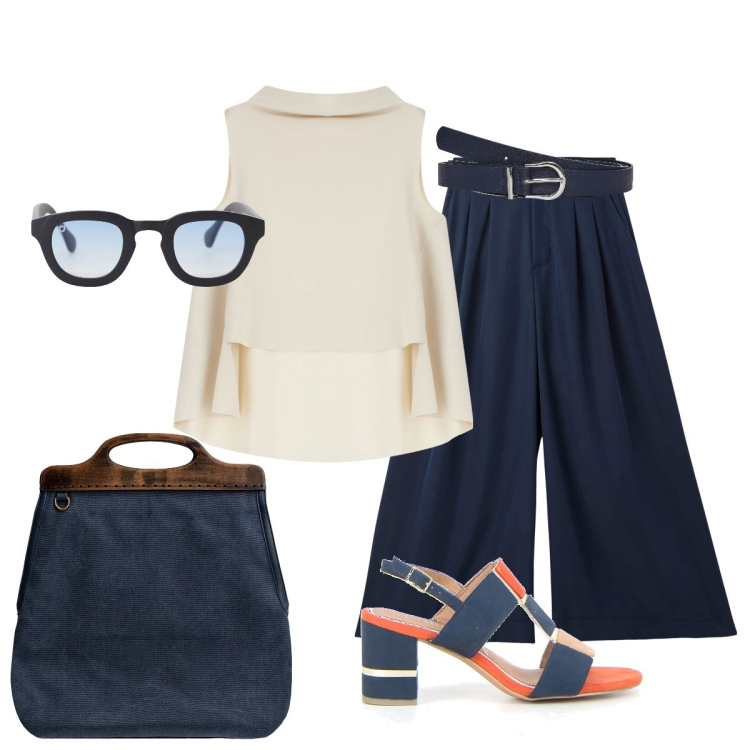 Outfit donna - Contrasto armonioso. Stile Minimal per Tutti i giorni. Abbinamento con pantaloni, cinture, occhiali da sole, top, borse a tracolla, sandali in pelle.