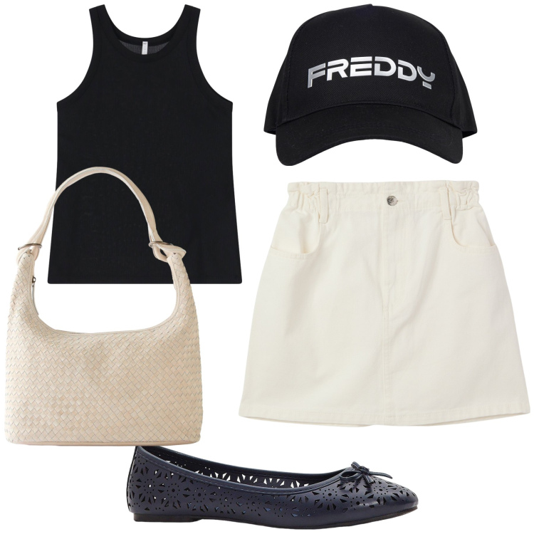 Outfit donna - Semplicemente fresca ed in ordine. Stile Basic per Tutti i giorni. Abbinamento con ballerine, shopping bag, minigonne, top, cappelli.