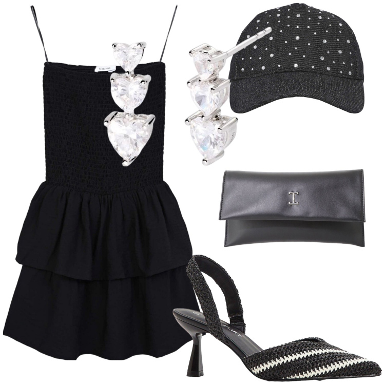 Outfit donna - Si brilla. Stile Glamour per Serata fuori. Abbinamento con décolleté, orecchini, vestiti corti, cappelli, pochette.