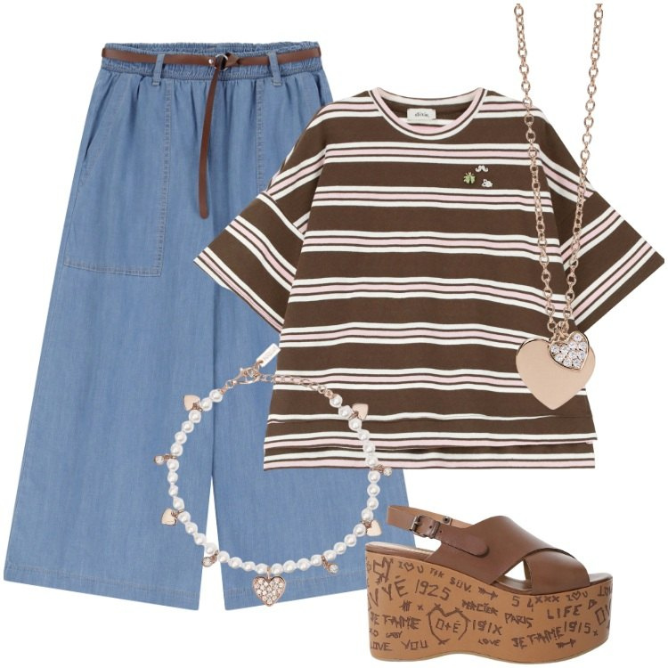 Outfit donna - Total look #2203702. Stile Boho per Mare. Abbinamento con braccialetti, ciondoli, jeans, zeppe, t-shirt.