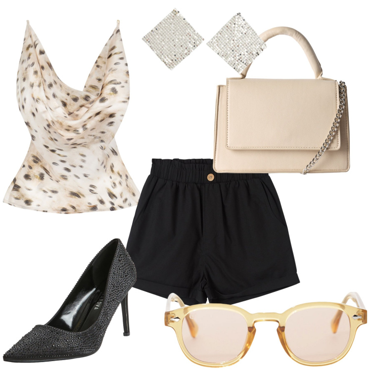 Outfit donna - Vitino da vespa. Stile Sexy per Serata fuori. Abbinamento con pantaloni corti, borse a tracolla, décolleté, orecchini, top, occhiali da sole.
