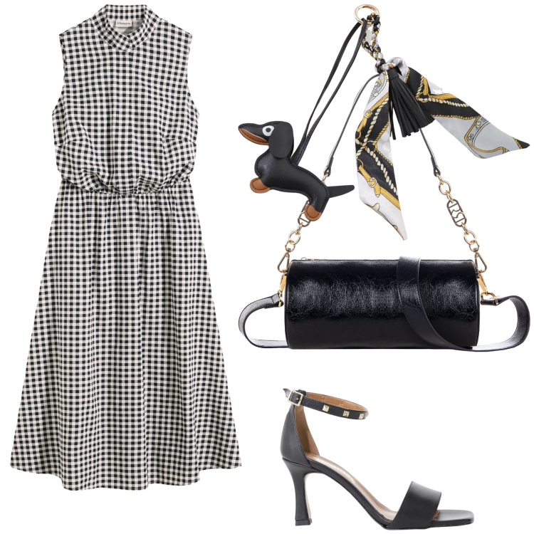 Outfit donna - Bon ton per la città. Stile Bon Ton per Tutti i giorni. Abbinamento con vestiti, borse a mano, sandali col tacco, portachiavi.