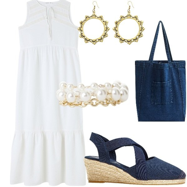 Outfit donna - Outifit di luglio. Stile Casual per Tutti i giorni. Abbinamento con sandali col tacco, vestiti midi/longuette, shopping bag, braccialetti, orecchini.