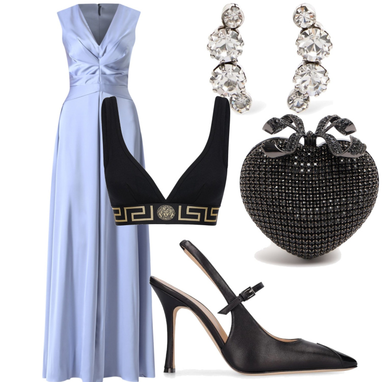 Outfit donna - Abito azzurro per serata wow. Stile Chic per Serata fuori. Abbinamento con vestiti lunghi, reggiseni, orecchini, pochette, décolleté.
