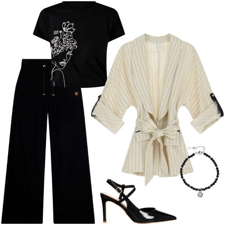 Outfit donna - Total look #2203717. Stile Boho per Serata fuori. Abbinamento con braccialetti, t-shirt, décolleté, blazer, pantaloni.