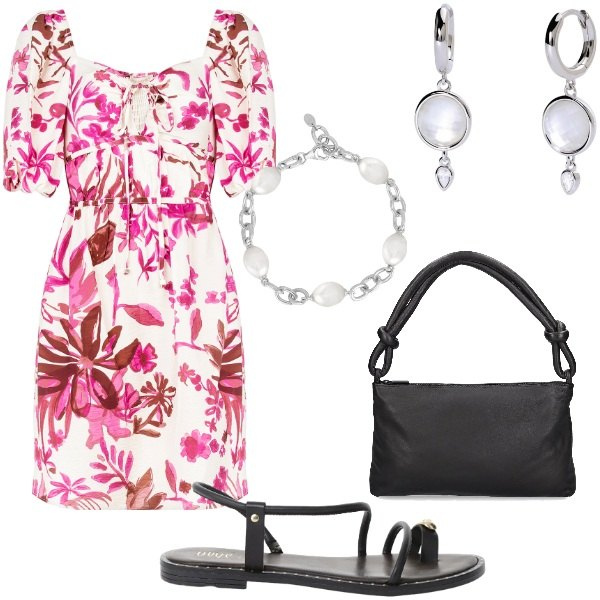 Outfit donna - Outifit di luglio. Stile Casual per Tutti i giorni. Abbinamento con vestiti corti, orecchini, braccialetti, sandali, borse a spalla.
